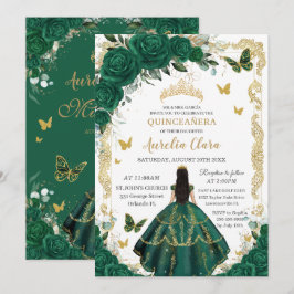 Quinceañera Emerald Green Floral Black Hair Gold Einladung