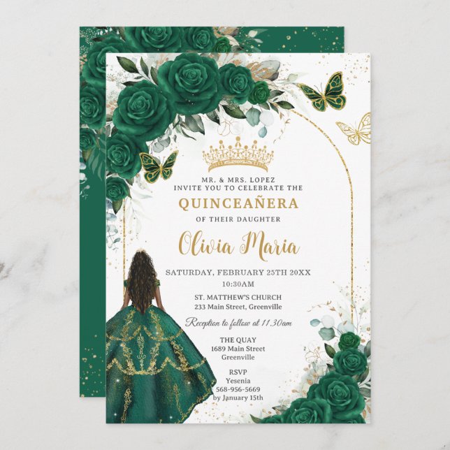 Quinceañera Emerald Green Floral Brown Princess Einladung (Vorne/Hinten)