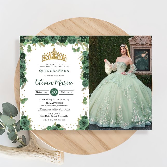 Quinceañera Emerald Green Floral Butterfells Foto Einladung (Von Creator hochgeladen)