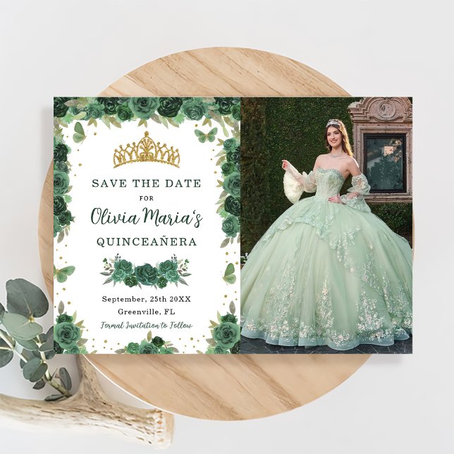 Quinceañera Emerald Green Floral Butterfells Foto Save The Date (Von Creator hochgeladen)