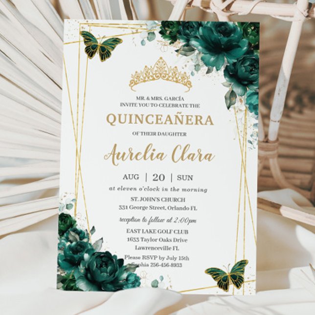 Quinceañera Emerald Green Floral Butterfliegen Tia Einladung (Von Creator hochgeladen)