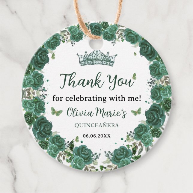 Quinceañera Emerald Green Floral Butterfliegen Tia Geschenkanhänger (Vorderseite)