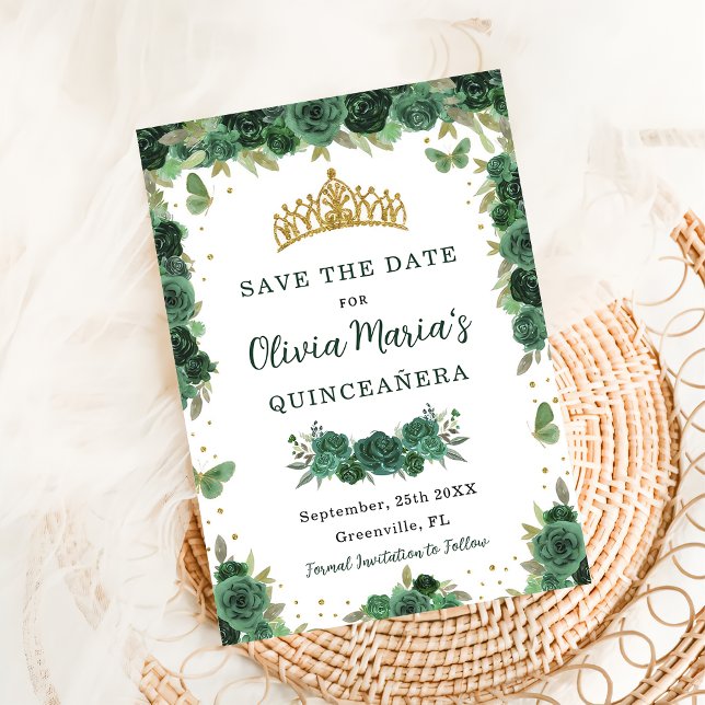 Quinceañera Emerald Green Floral Butterfliegen Tia Save The Date (Von Creator hochgeladen)