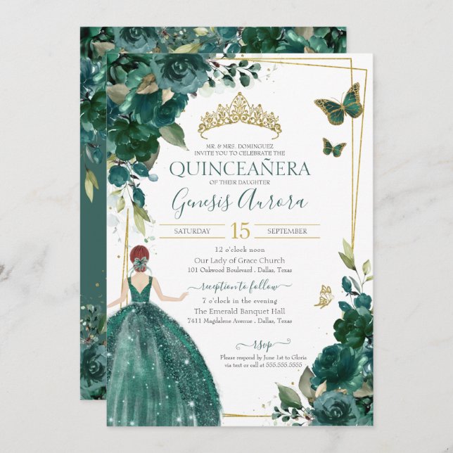 Quinceañera Emerald Green Floral Butterfresken Kle Einladung (Vorne/Hinten)