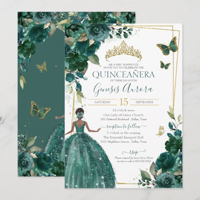 Quinceañera Emerald Green Floral Butterfresken Kle Einladung (Vorne/Hinten)