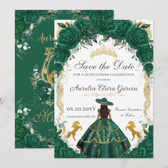 Quinceañera Emerald Green Floral Charro Pferde Save The Date (Vorne/Hinten)