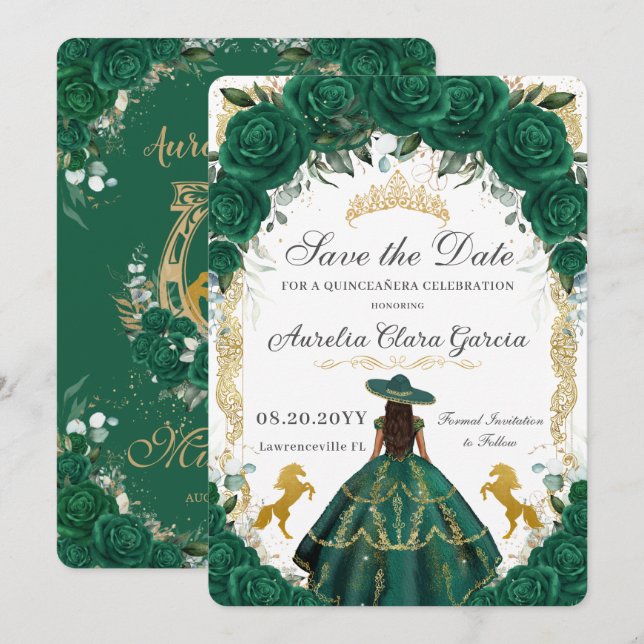 Quinceañera Emerald Green Floral Charro Pferde Save The Date (Vorne/Hinten)