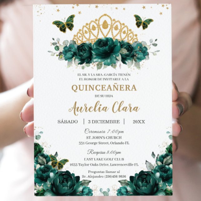 Quinceañera Emerald Green Floral Crown Español Einladung (Von Creator hochgeladen)