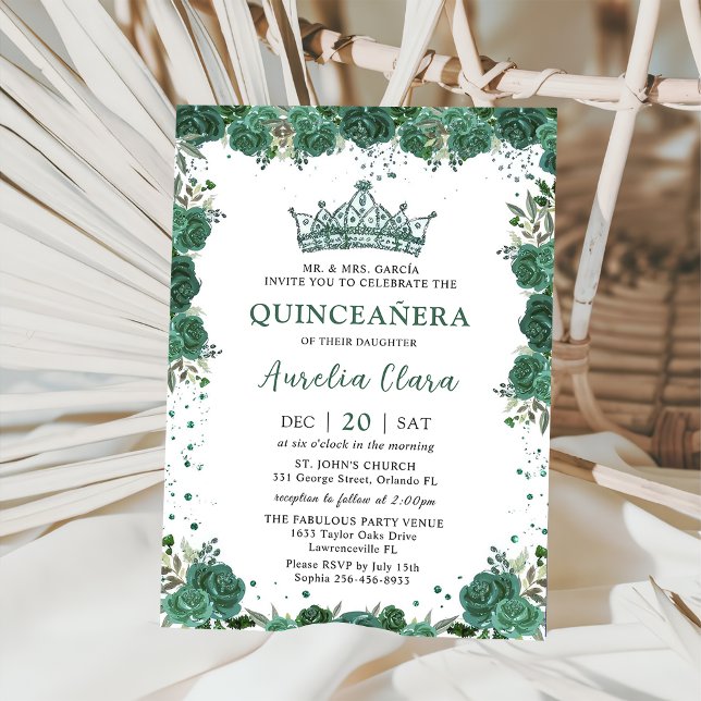 Quinceañera Emerald Green Floral Crown Geburtstag Einladung (Von Creator hochgeladen)