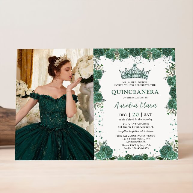 Quinceañera Emerald Green Floral Crown Geburtstag Einladung (Von Creator hochgeladen)