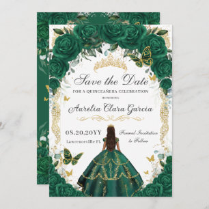 Quinceañera Emerald Green Floral Gold Prinzessin Save The Date