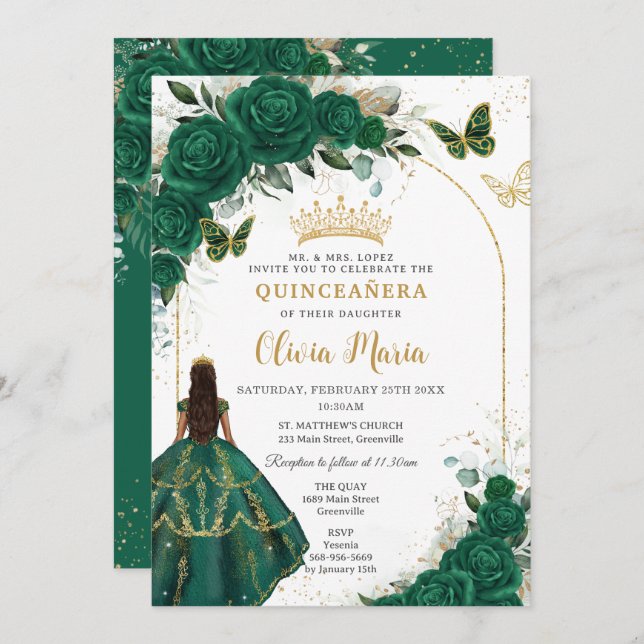 Quinceañera Emerald Green Floral Gold Schmetterlin Einladung (Vorne/Hinten)