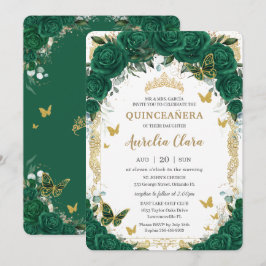 Quinceañera Emerald Green Floral Gold Schmetterlin Einladung