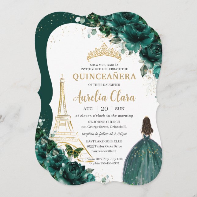 Quinceañera Emerald Green Floral Paris Gold Crown Einladung (Vorne/Hinten)