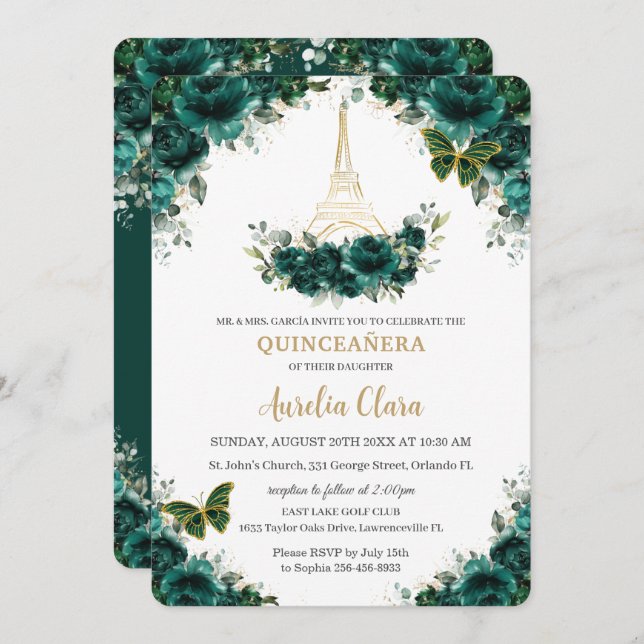Quinceañera Emerald Green Floral Paris Schmetterli Einladung (Vorne/Hinten)
