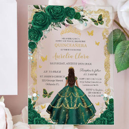 Quinceañera Emerald Green Floral Princess Gold Acryleinladungen