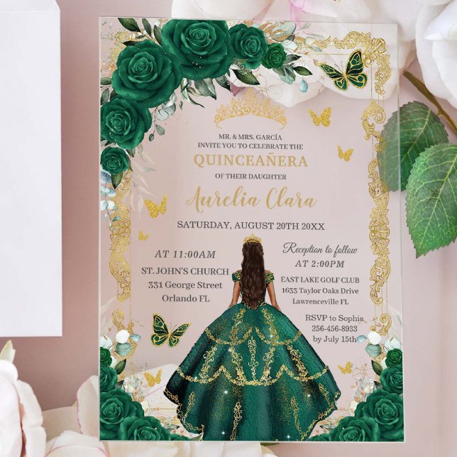 Quinceañera Emerald Green Floral Princess Gold Acryleinladungen (Von Creator hochgeladen)