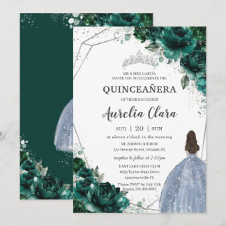 Quinceañera Emerald Green Floral Silver Blue Dress Einladung