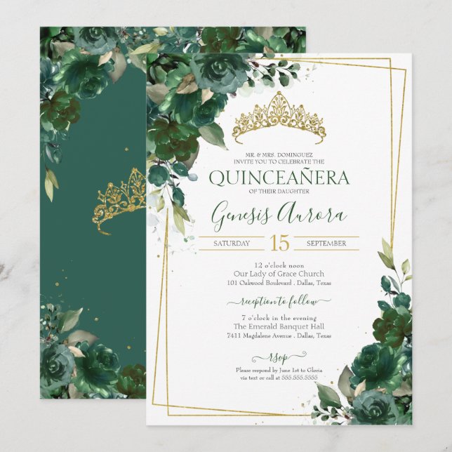 Quinceañera Emerald Green & Gold Aquarell Einladung (Vorne/Hinten)