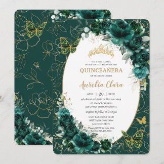 Quinceañera Emerald Green Gold Floral Butterfliege Einladung