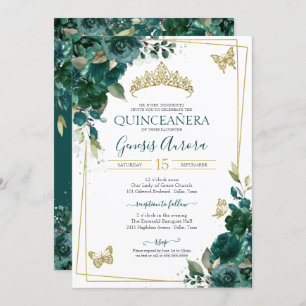 Quinceañera Emerald Green Gold Floral Butterfly Einladung
