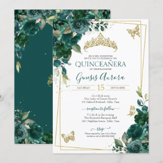 Quinceañera Emerald Green Gold Floral Butterfly Einladung