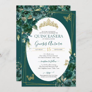Quinceañera Emerald Green & Gold Floral Butterfly Einladung