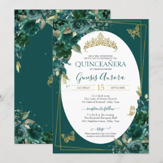 Quinceañera Emerald Green & Gold Floral Butterfly Einladung