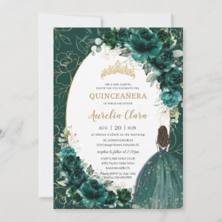 Quinceañera Emerald Green Gold Floral Princess Einladung