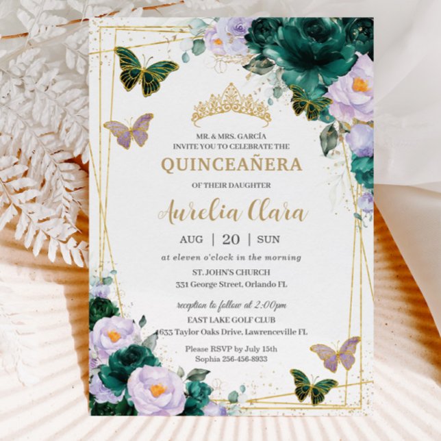 Quinceañera Emerald Green Lila Floral Butterfly Einladung (Von Creator hochgeladen)