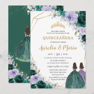 Quinceañera Emerald Green Lila Floral Twins Einladung