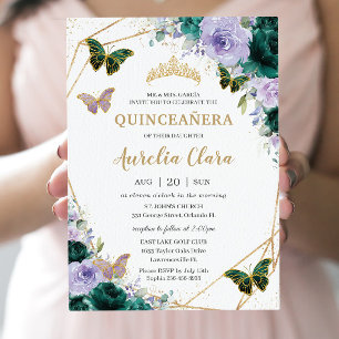 Quinceañera Emerald Green Lila Lilac Floral Einladung