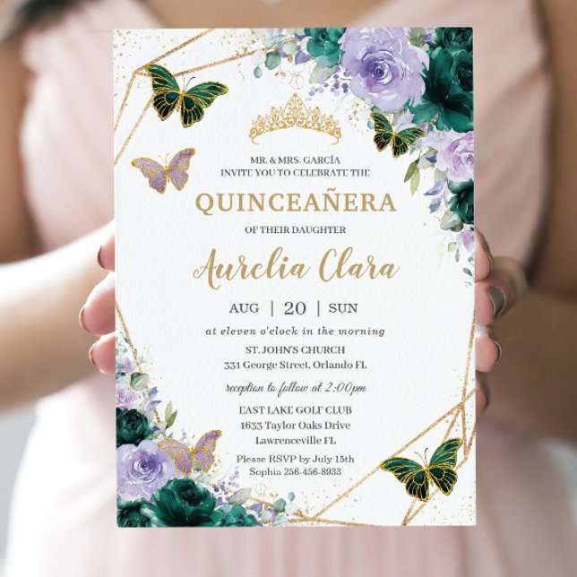 Quinceañera Emerald Green Lila Lilac Floral Einladung (Von Creator hochgeladen)