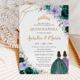 Quinceañera Emerald Green Lilac Floral Twins Einladung