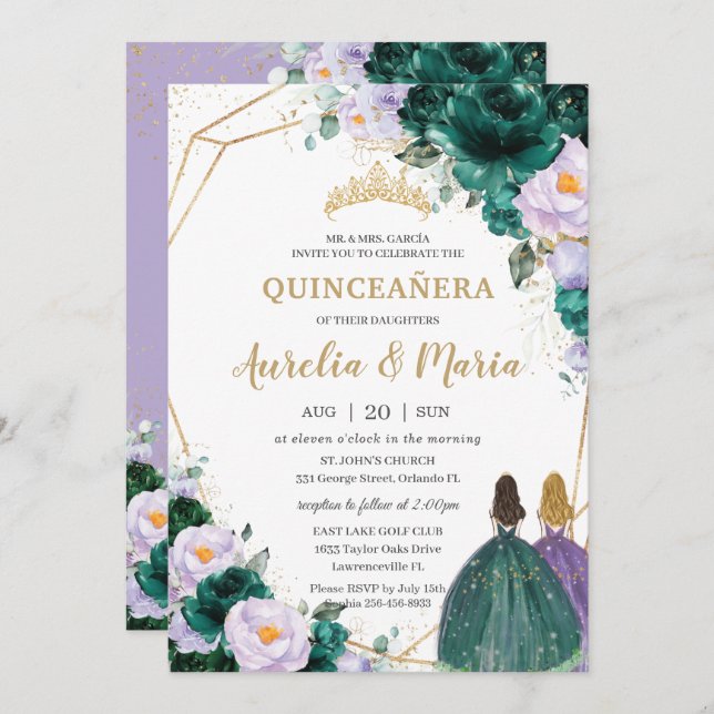 Quinceañera Emerald Green Lilac Rose Twins Einladung (Vorne/Hinten)