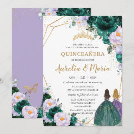 Quinceañera Emerald Green Lilac Rose Twins Einladung