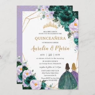 Quinceañera Emerald Green Lilac Rose Twins Einladung