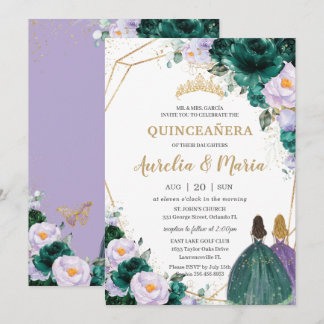Quinceañera Emerald Green Lilac Rose Twins Einladung