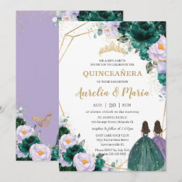 Quinceañera Emerald Green Lilac Rose Twins Einladung