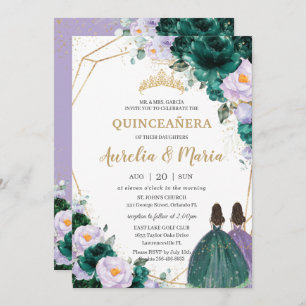 Quinceañera Emerald Green Lilac Rose Twins Einladung