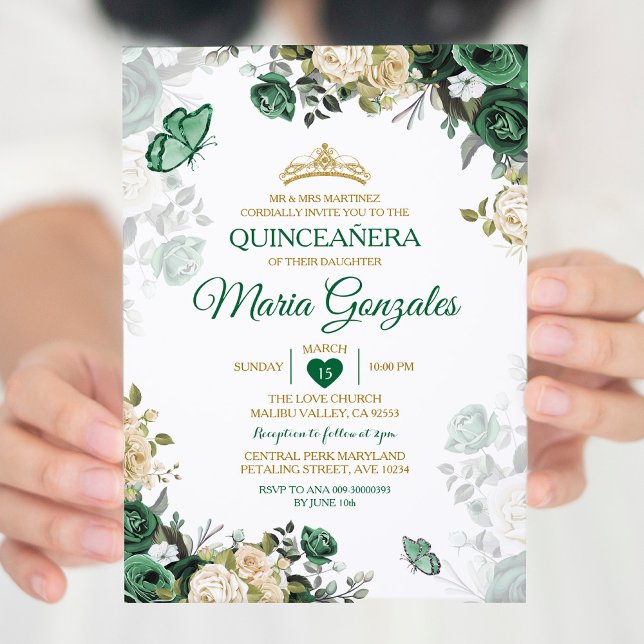 Quinceañera Emerald Green Mexican Butterfly Einladung (Von Creator hochgeladen)