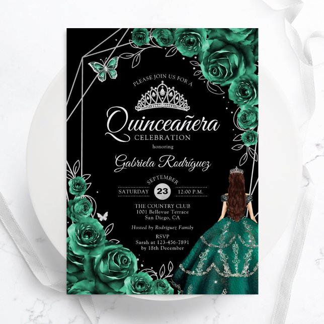 Quinceanera Emerald Green Silver Dress Floral Einladung (Von Creator hochgeladen)