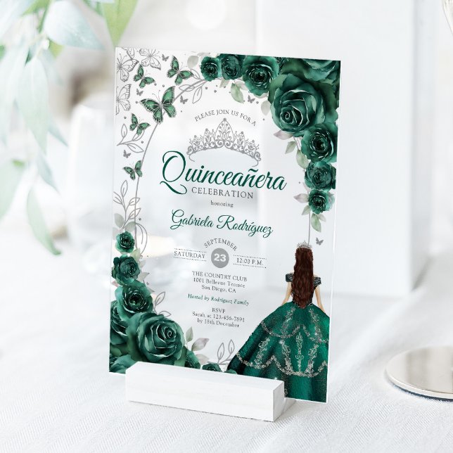 Quinceanera Emerald Green Silver Floral Acryleinladungen (Von Creator hochgeladen)