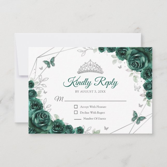 Quinceanera Emerald Green Silver Floral Reply RSVP Karte (Vorderseite)