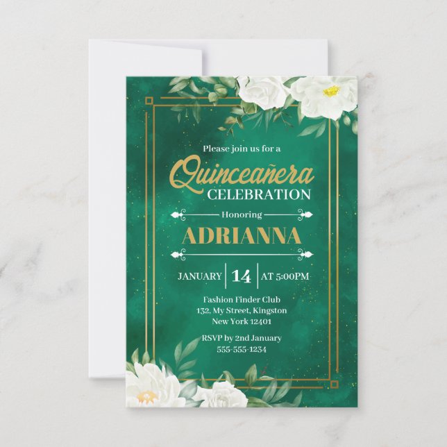 Quinceanera Emerald Green Watercolor Weiße Flora Einladung (Vorderseite)