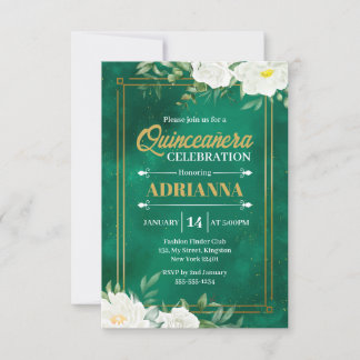 Quinceanera Emerald Green Watercolor Weiße Flora Einladung