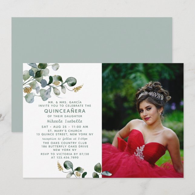 Quinceañera Eukalyptus Greenery Foto Einladung (Vorne/Hinten)