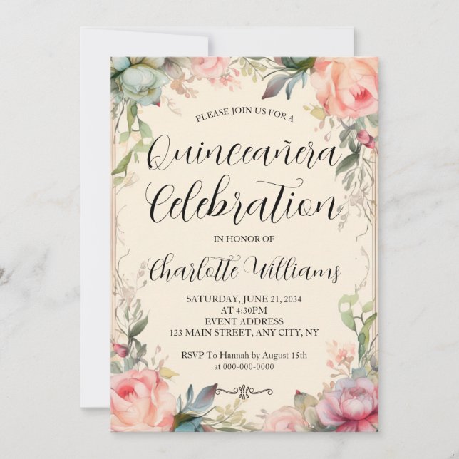 Quinceañera Fairytale Floral 15. Geburtstag Einladung (Vorderseite)