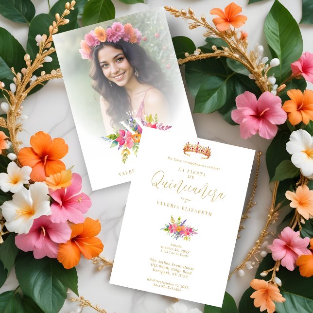 Quinceañera Farbenfrohe Blume und Foto Einladung (Spanish Cherish Quinceañera Colorful Flowers & Foliage and Princess Tiara Photo Invitations Cards.)