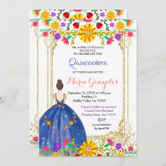 Quinceanera Farbige Blume Gold Einladung
